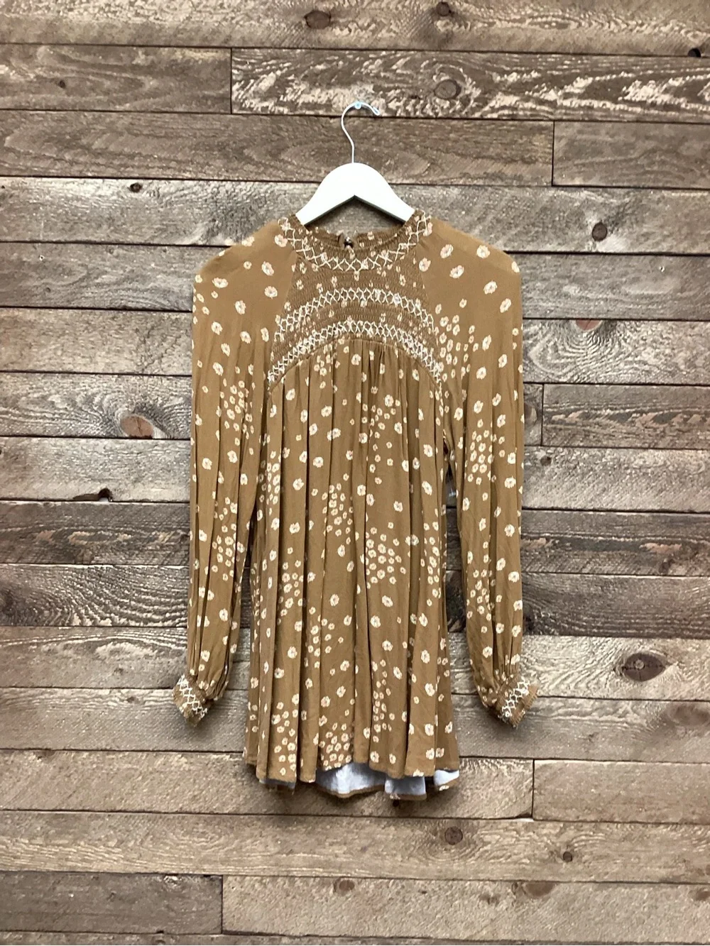 Free People Tan Floral Smocked Peasant Blouse